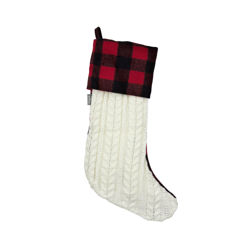 HALLMARK MARKETING COMPANY LLC, Hallmark Knit Stocking with Plaid Cuff Christmas Decoration White/Black/Red Fabric 20 in. 1 pk (Pack of 4)