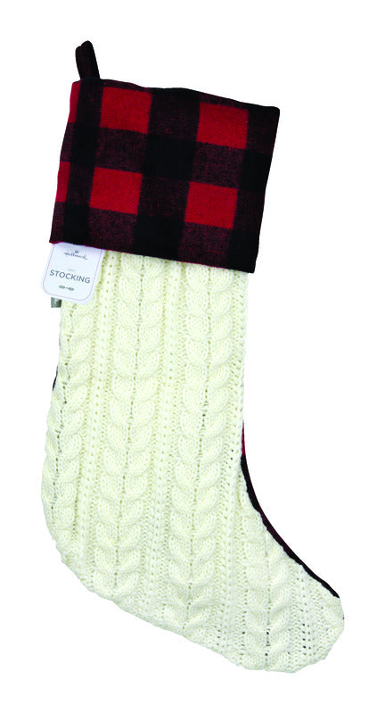 HALLMARK MARKETING COMPANY LLC, Hallmark Knit Stocking with Plaid Cuff Christmas Decoration White/Black/Red Fabric 20 in. 1 pk (Pack of 4)