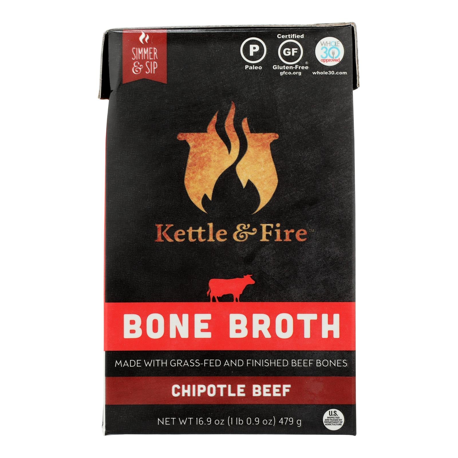 Kettle And Fire, Kettle And Fire - Bone Broth Chipotle Beef - Case of 6 - 16.9 OZ (Pack of 6)