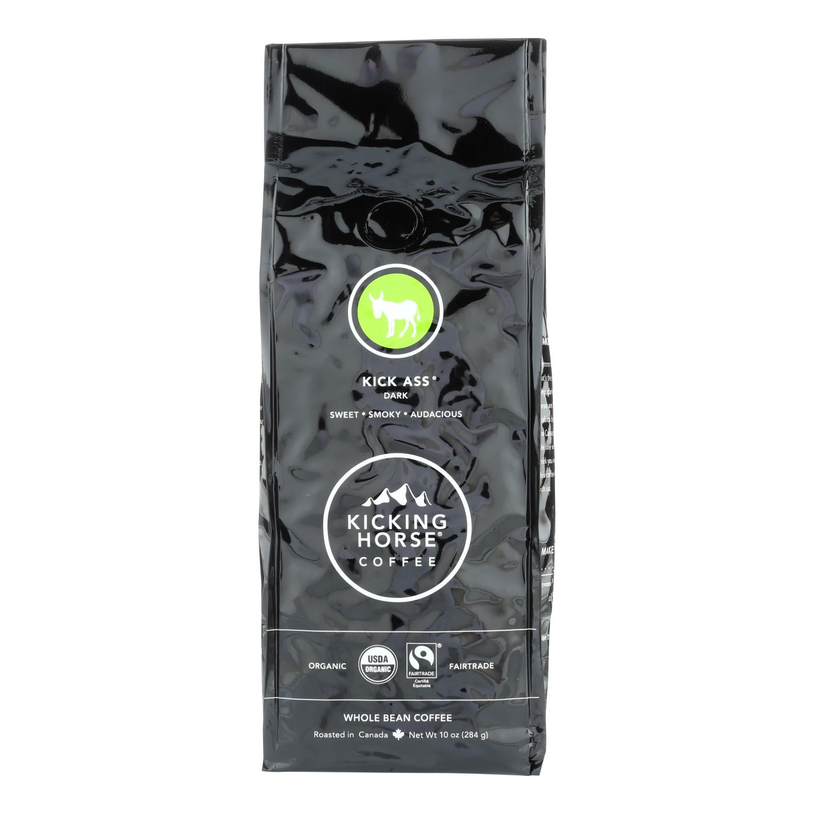 Kicking Horse, Kicking Horse Coffee - Organic - Whole Bean - Kick Ass - Dark Roast - 10 oz - case of 6 (Pack of 6)