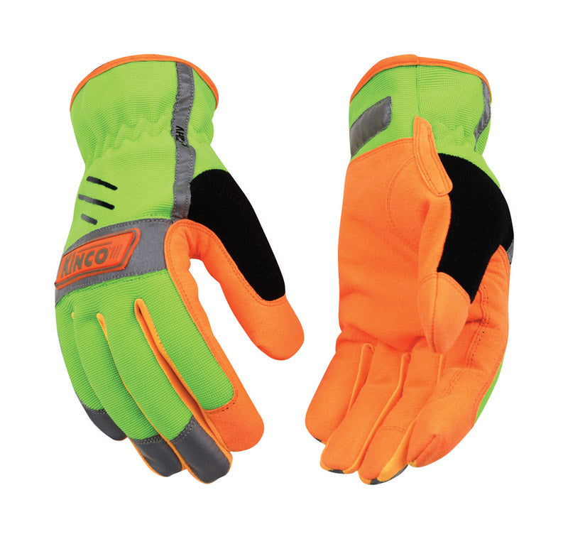 KINCO LLC, Kinco  Men's  Outdoor  Synthetic Leather/Terry Cloth  Hi-Viz  Driver Gloves  Green/Orange  L  1 pk