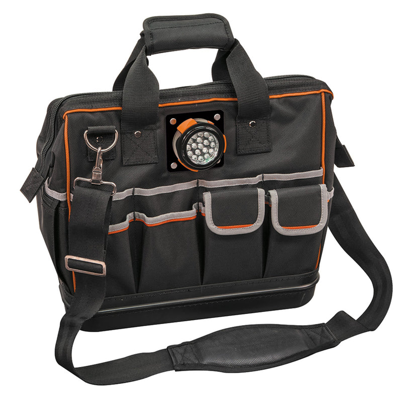 Klein Tools, Klein Tools Tradesman Pro 8 in. W X 14 in. H Ballistic Polyester Lighted Tool Bag 31 pocket Black/Or