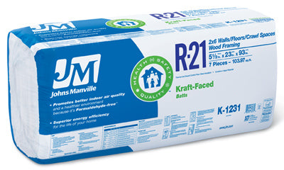 Johns Manville, Kraft Faced Batt Insulation, R21, 23 x 93-In.